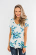 Floral Essence V-Neck Top- Ivory & Blue