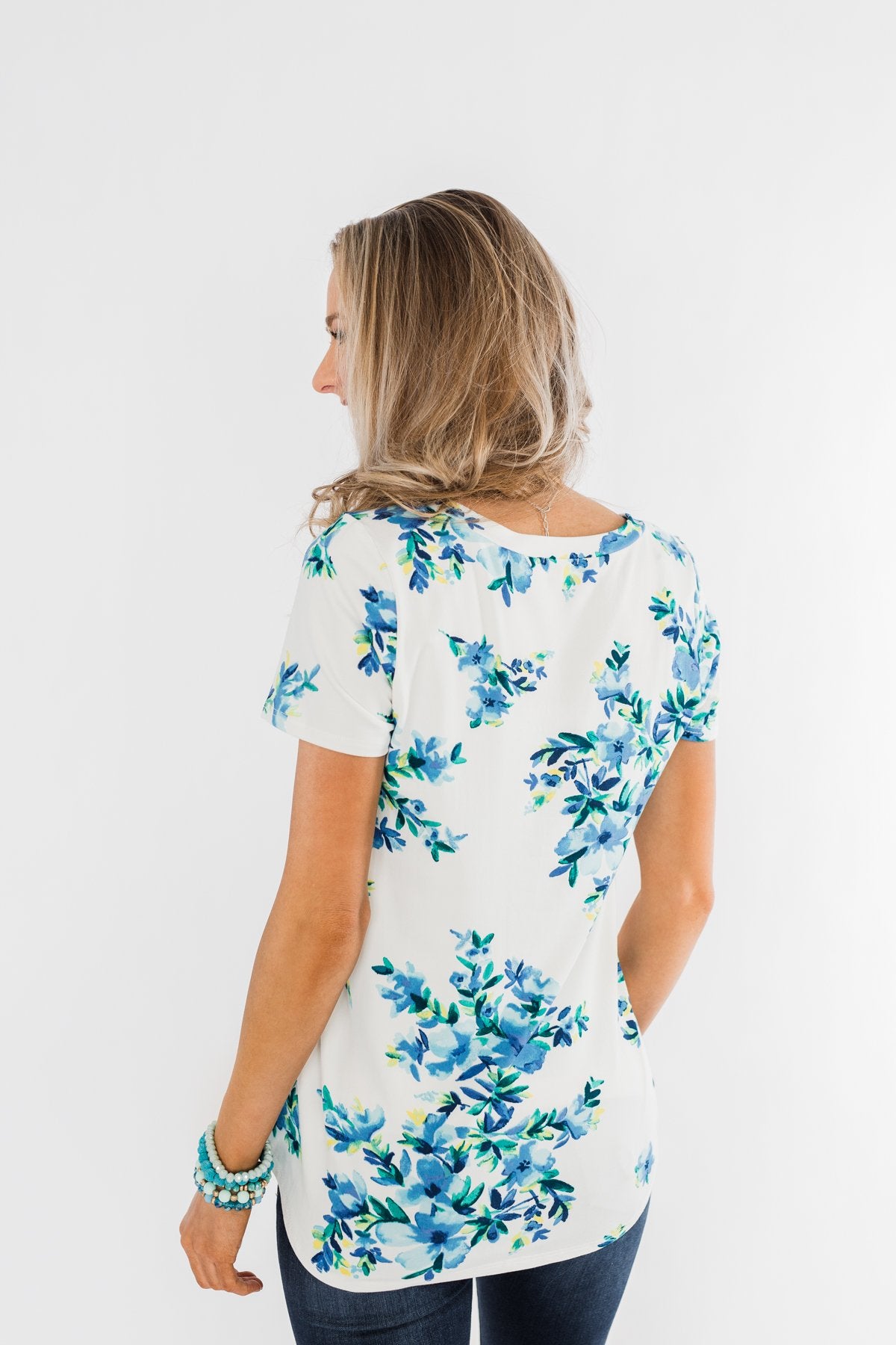 Floral Essence V-Neck Top- Ivory & Blue