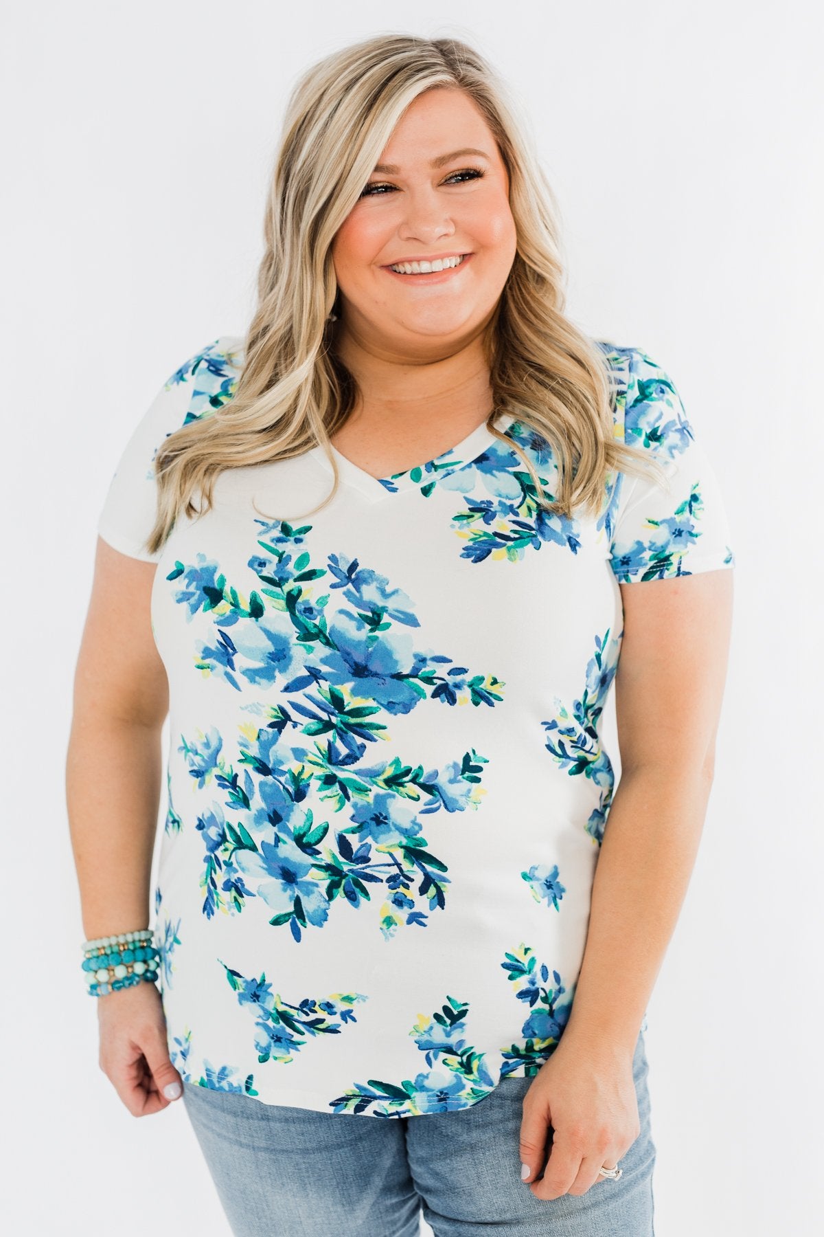 Floral Essence V-Neck Top- Ivory & Blue