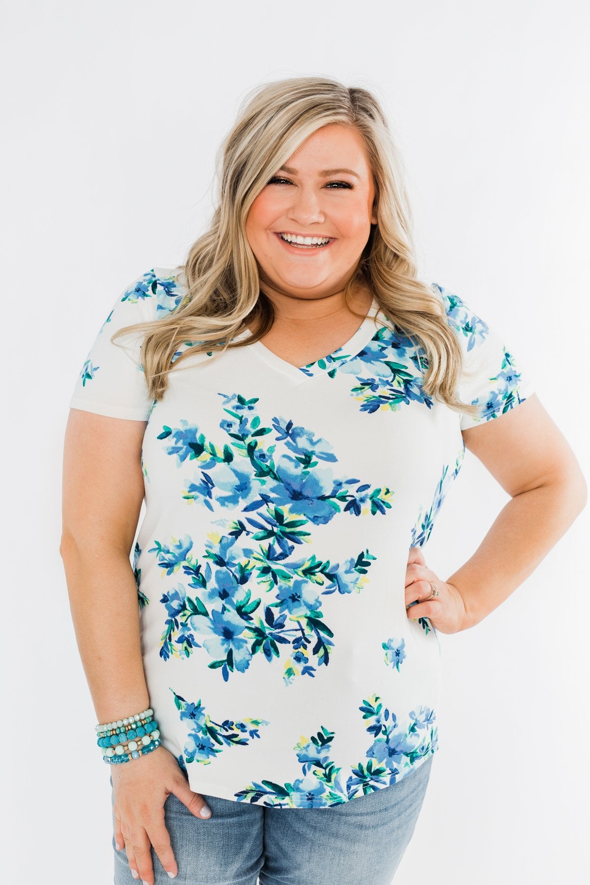 Floral Essence V-Neck Top- Ivory & Blue