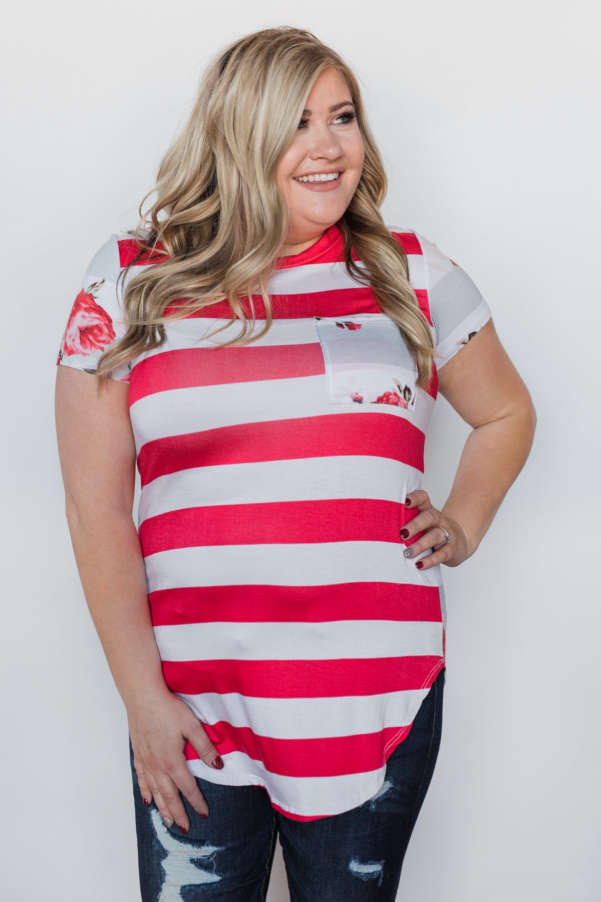 Dare to be Bold Floral & Stripes Top - Bright Strawberry