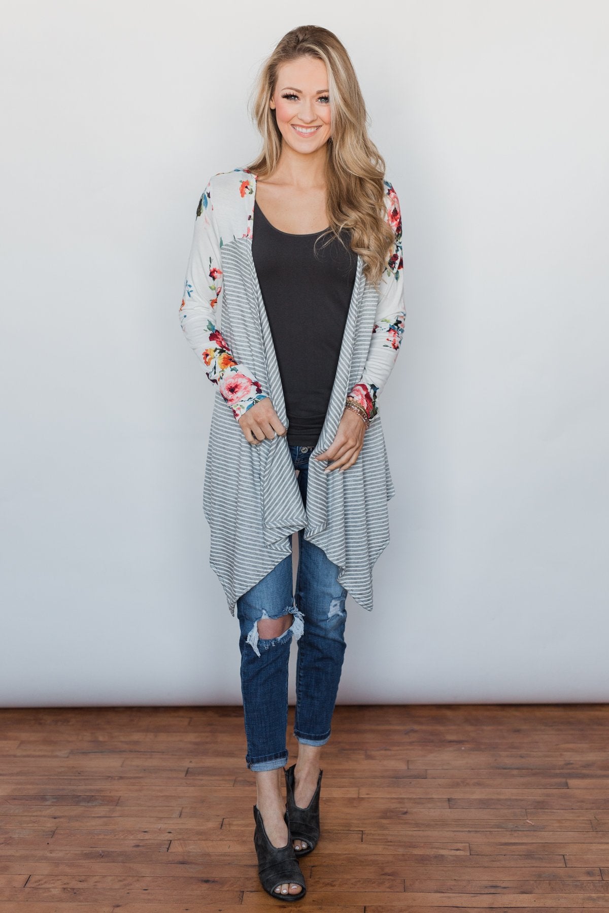 Easy Breeze Floral & Striped Cardigan- Ivory & Grey