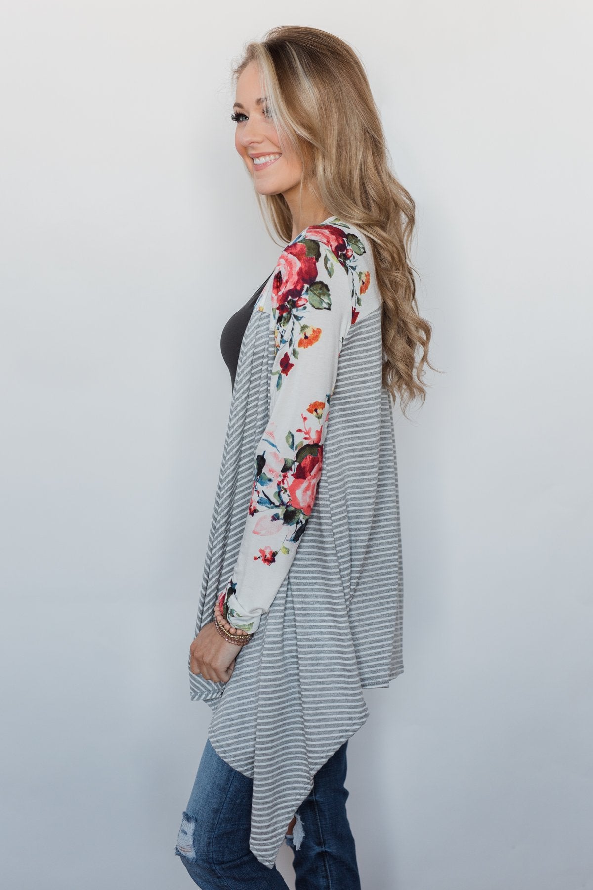 Easy Breeze Floral & Striped Cardigan- Ivory & Grey