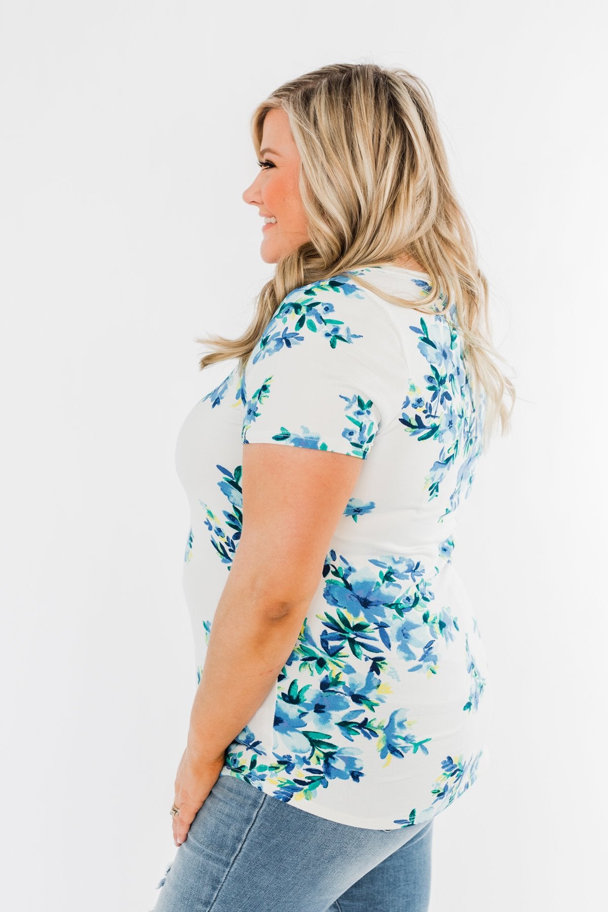Floral Essence V-Neck Top- Ivory & Blue
