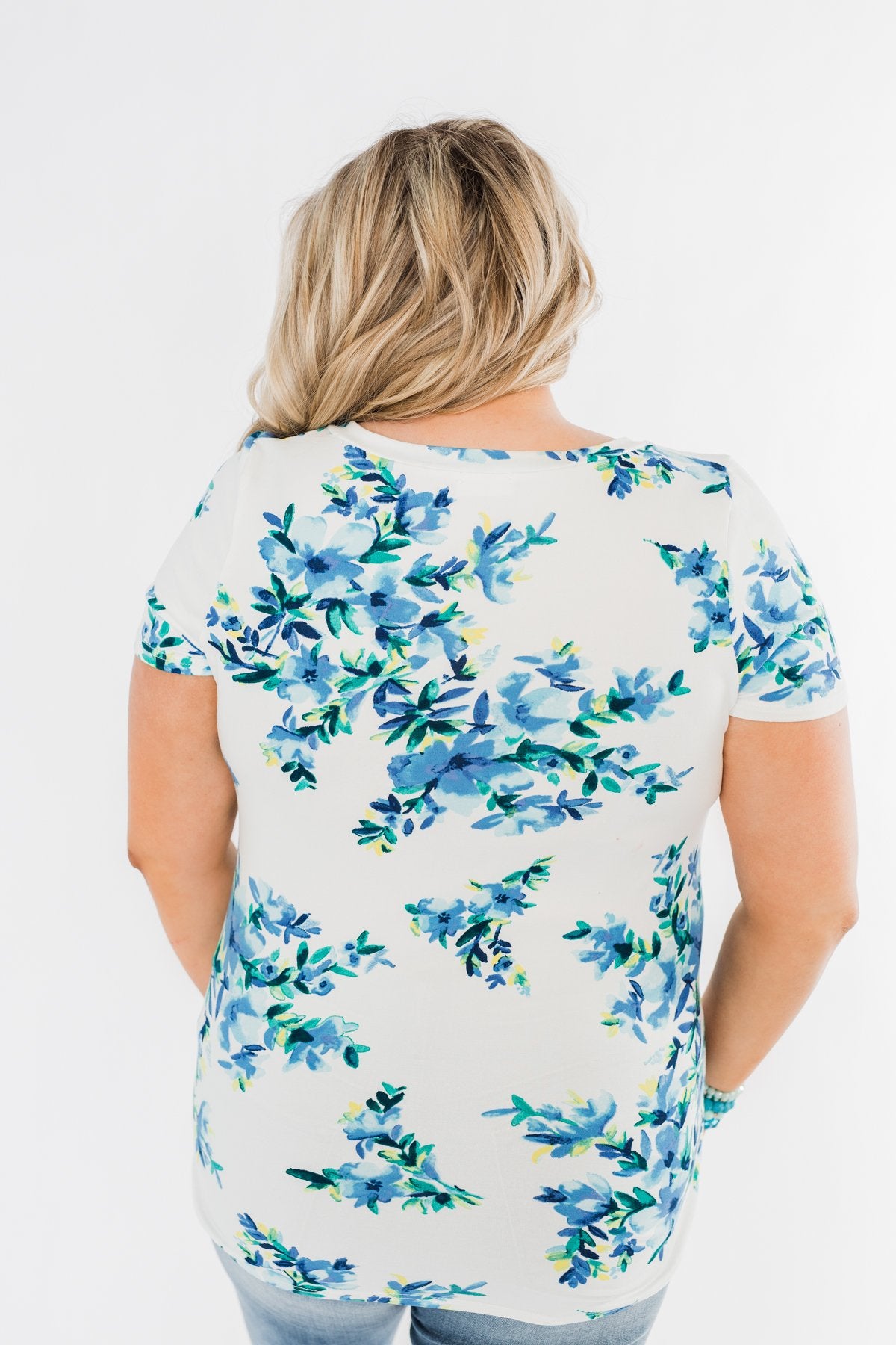 Floral Essence V-Neck Top- Ivory & Blue