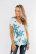 Floral Essence V-Neck Top- Ivory & Blue
