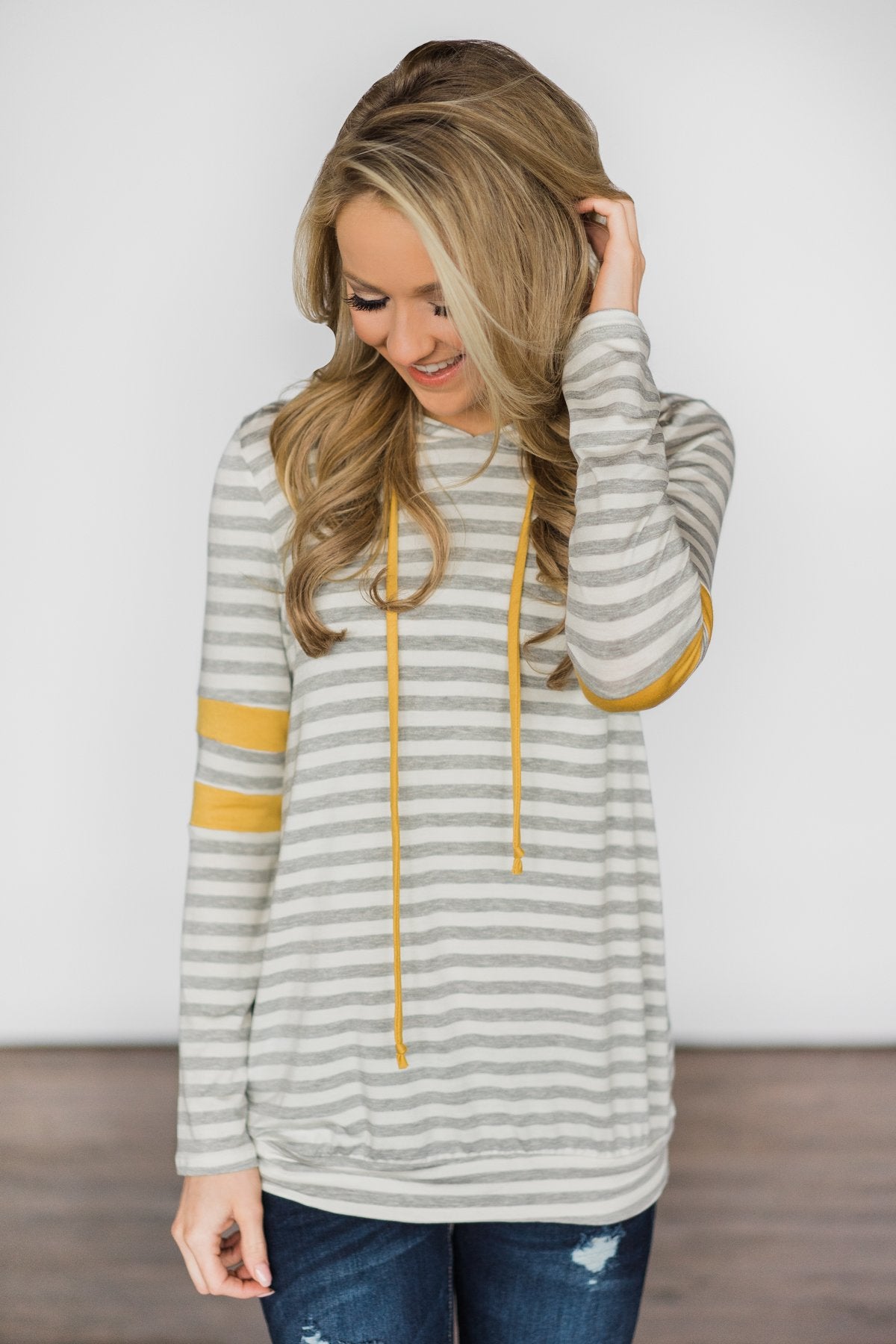 Not Just Another Day Grey Yellow Striped Hoodie The Pulse Boutique