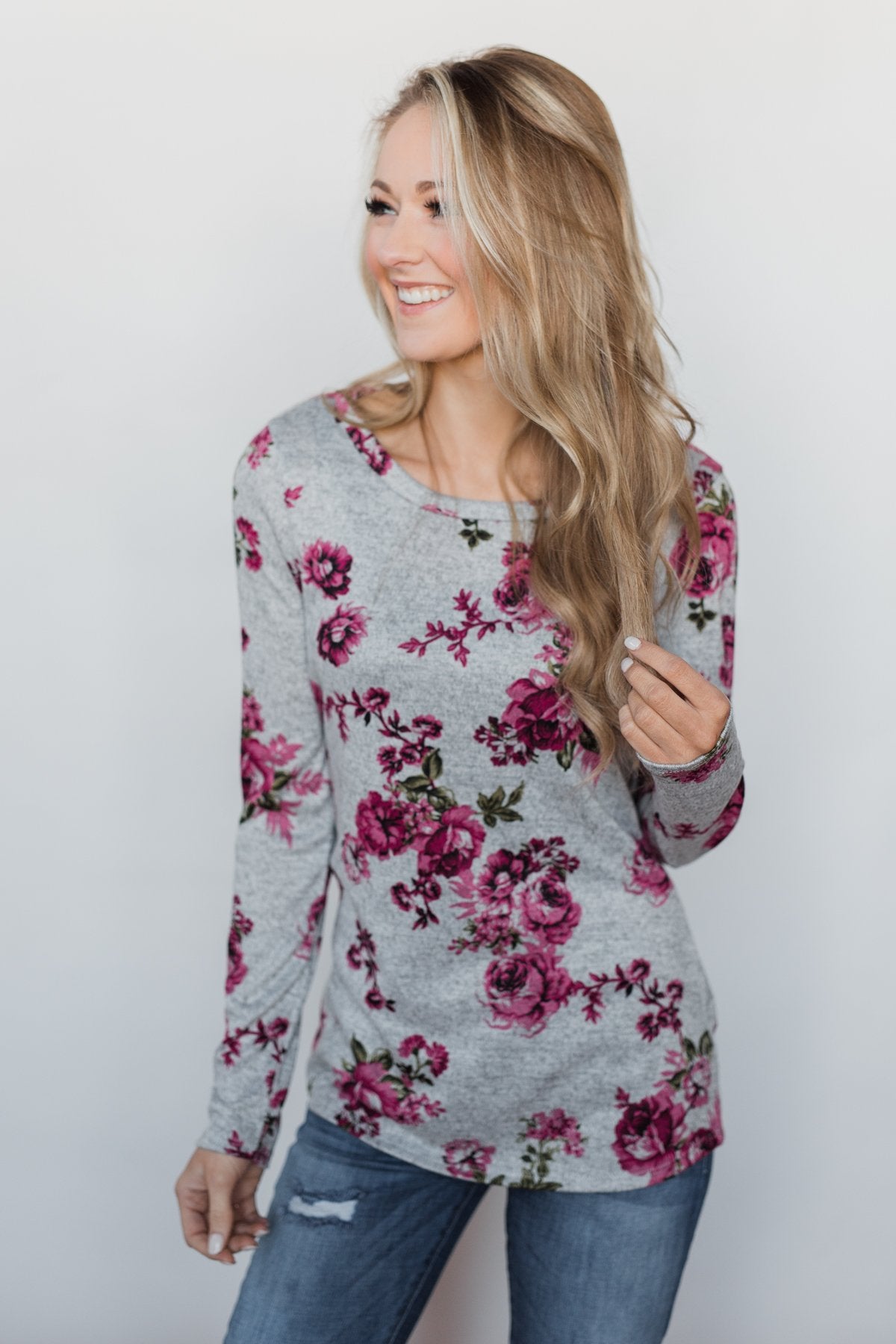 Love's in the Air Floral Pullover Top- Grey & Pink