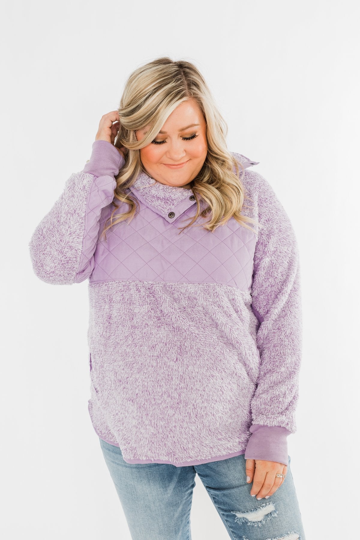 Just My Luck Quilted Sherpa Pullover- Lilac