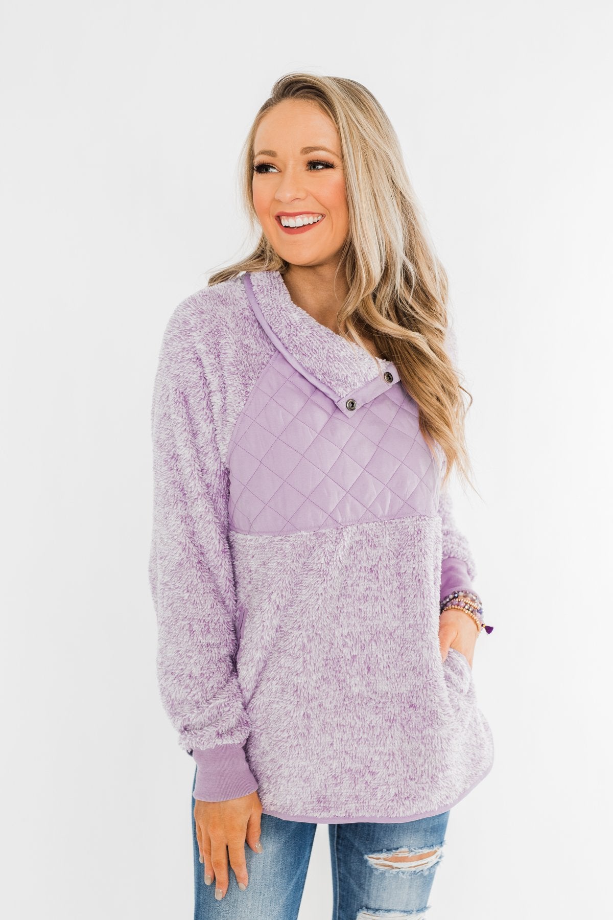 Just My Luck Quilted Sherpa Pullover- Lilac