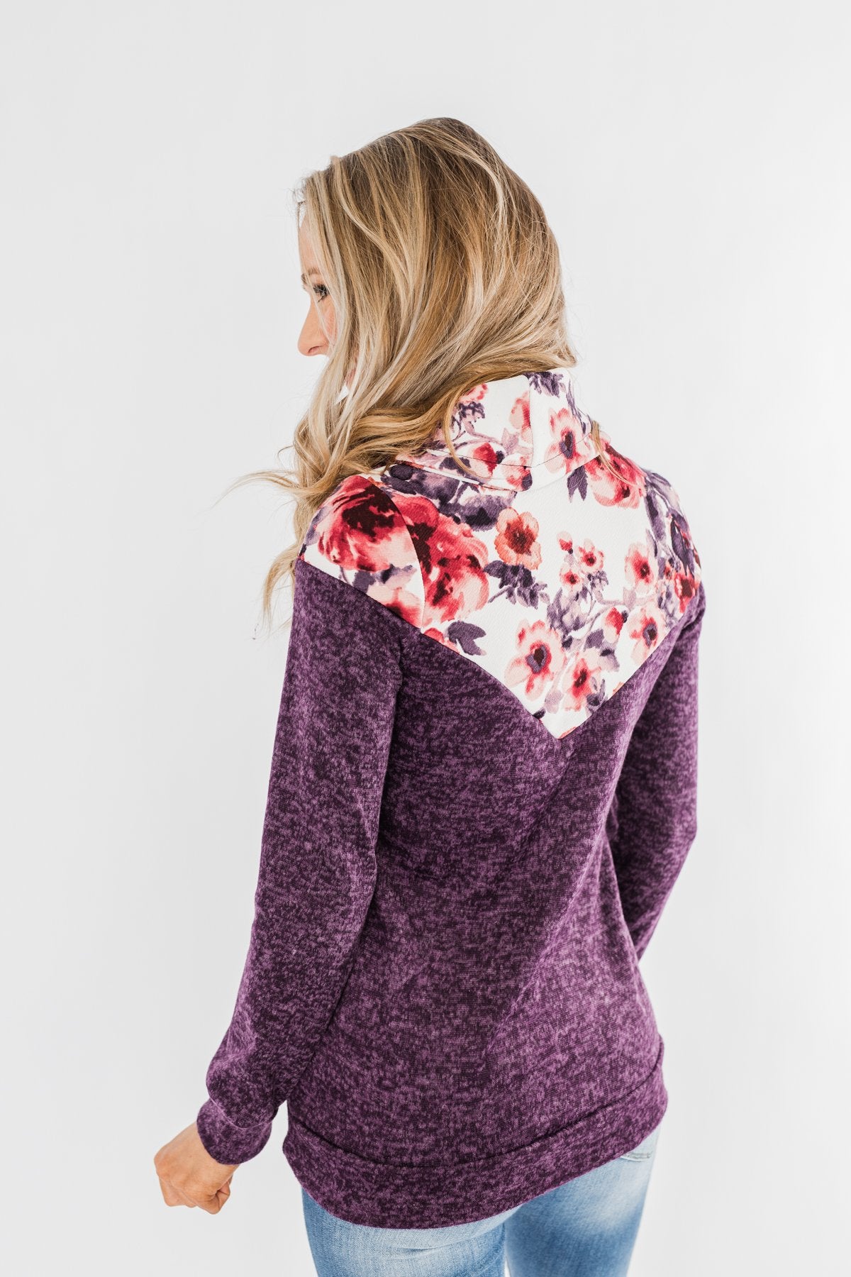 Floral Dreams Cowl Neck Hoodie- Eggplant