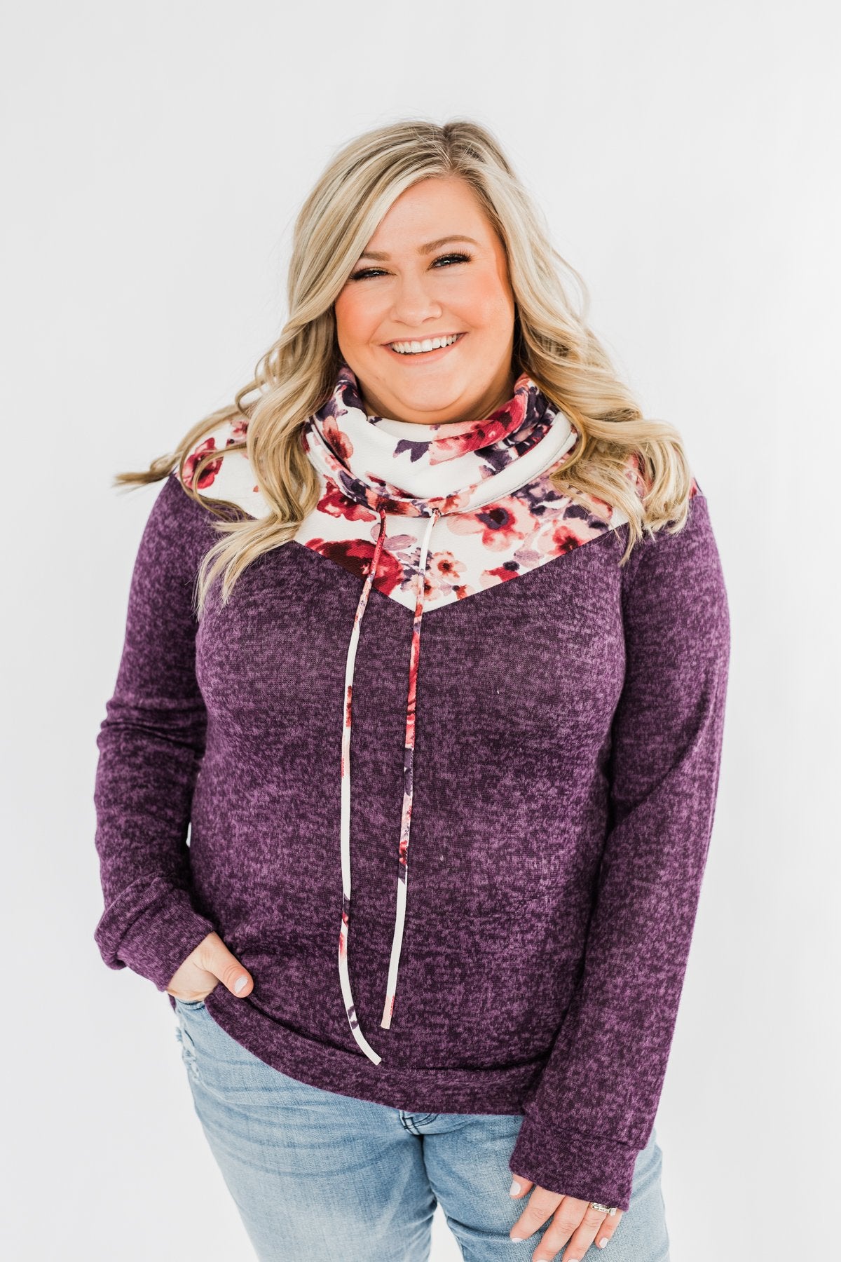 Floral Dreams Cowl Neck Hoodie- Eggplant