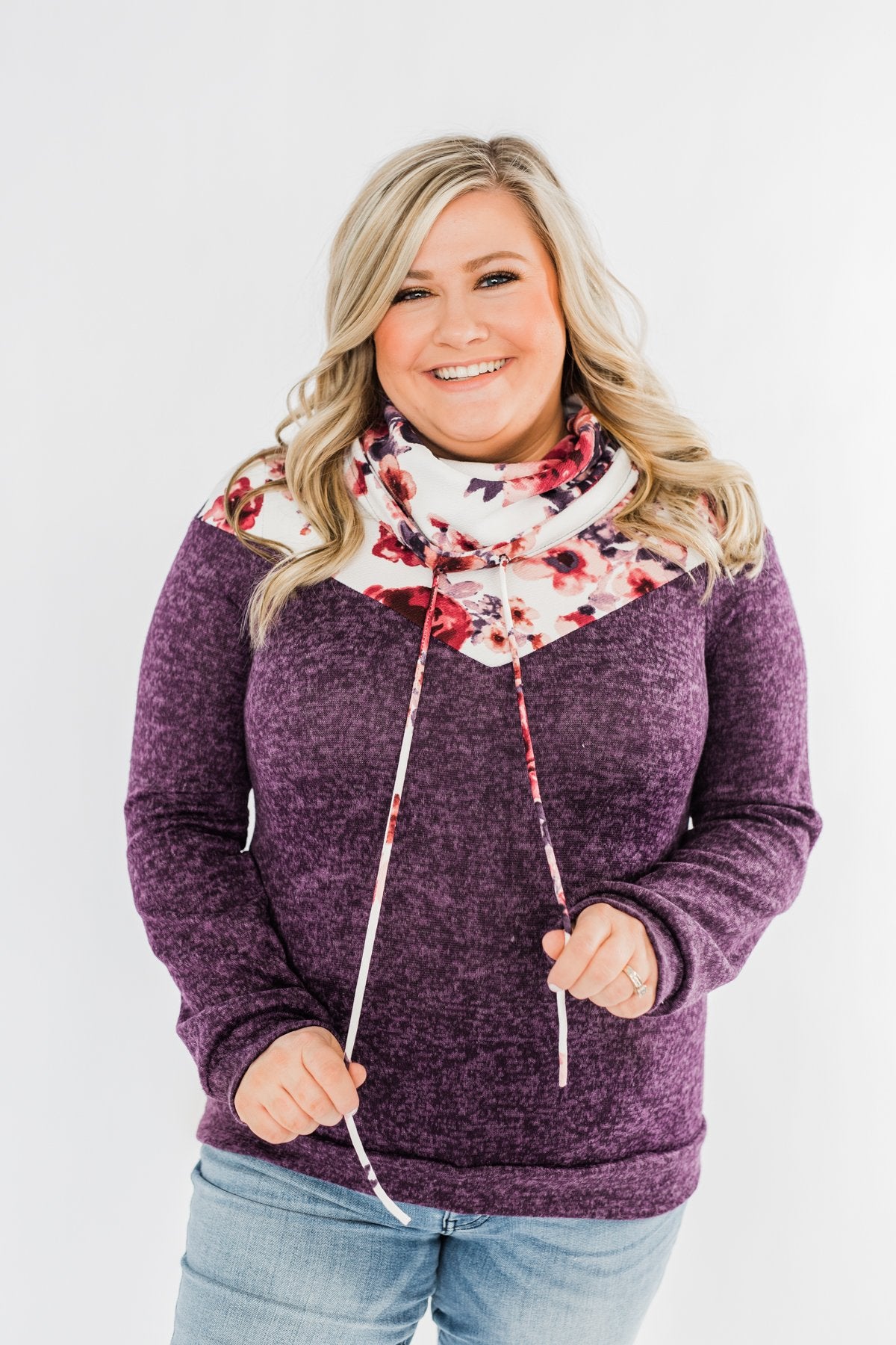 Floral Dreams Cowl Neck Hoodie- Eggplant