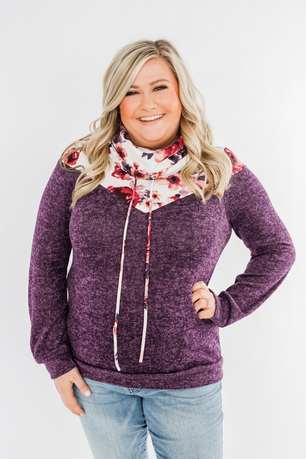 Floral Dreams Cowl Neck Hoodie- Eggplant