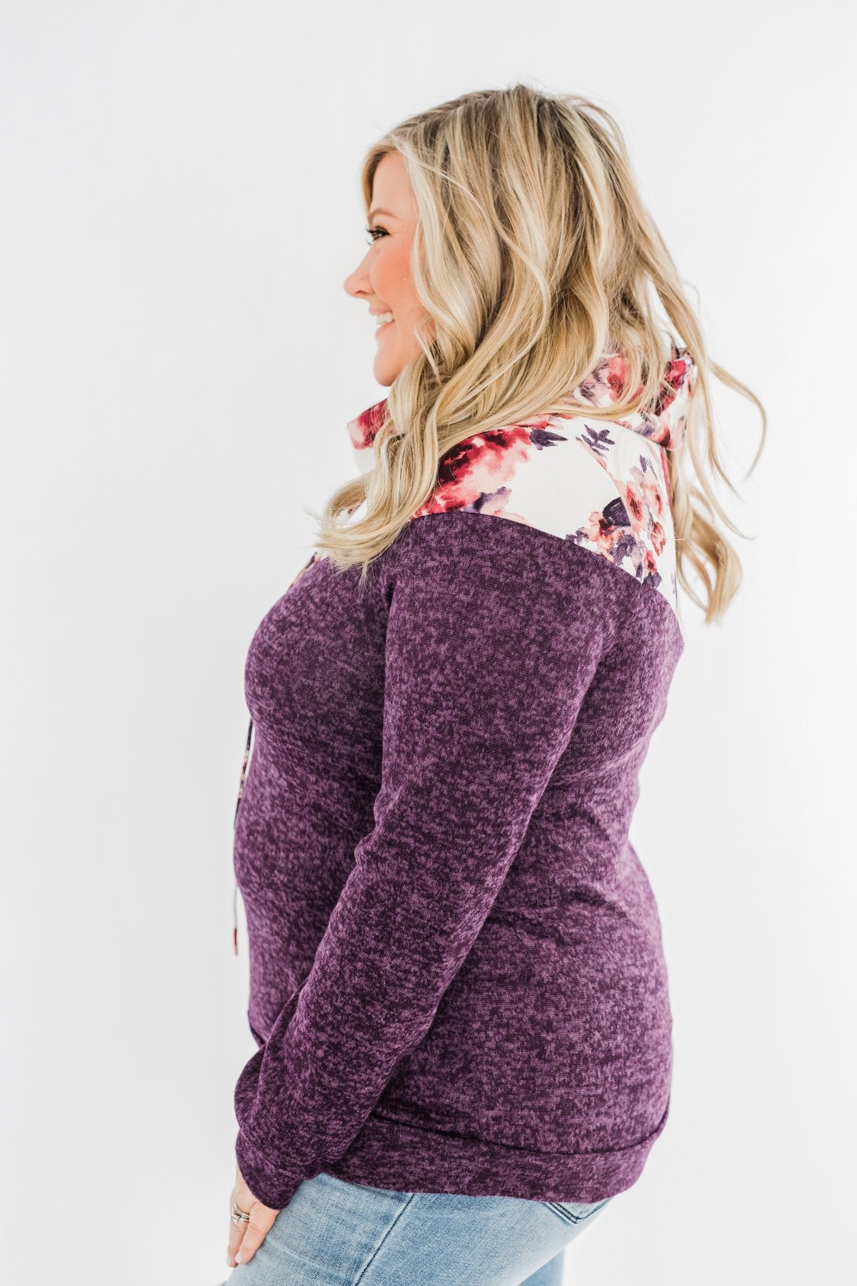 Floral Dreams Cowl Neck Hoodie- Eggplant