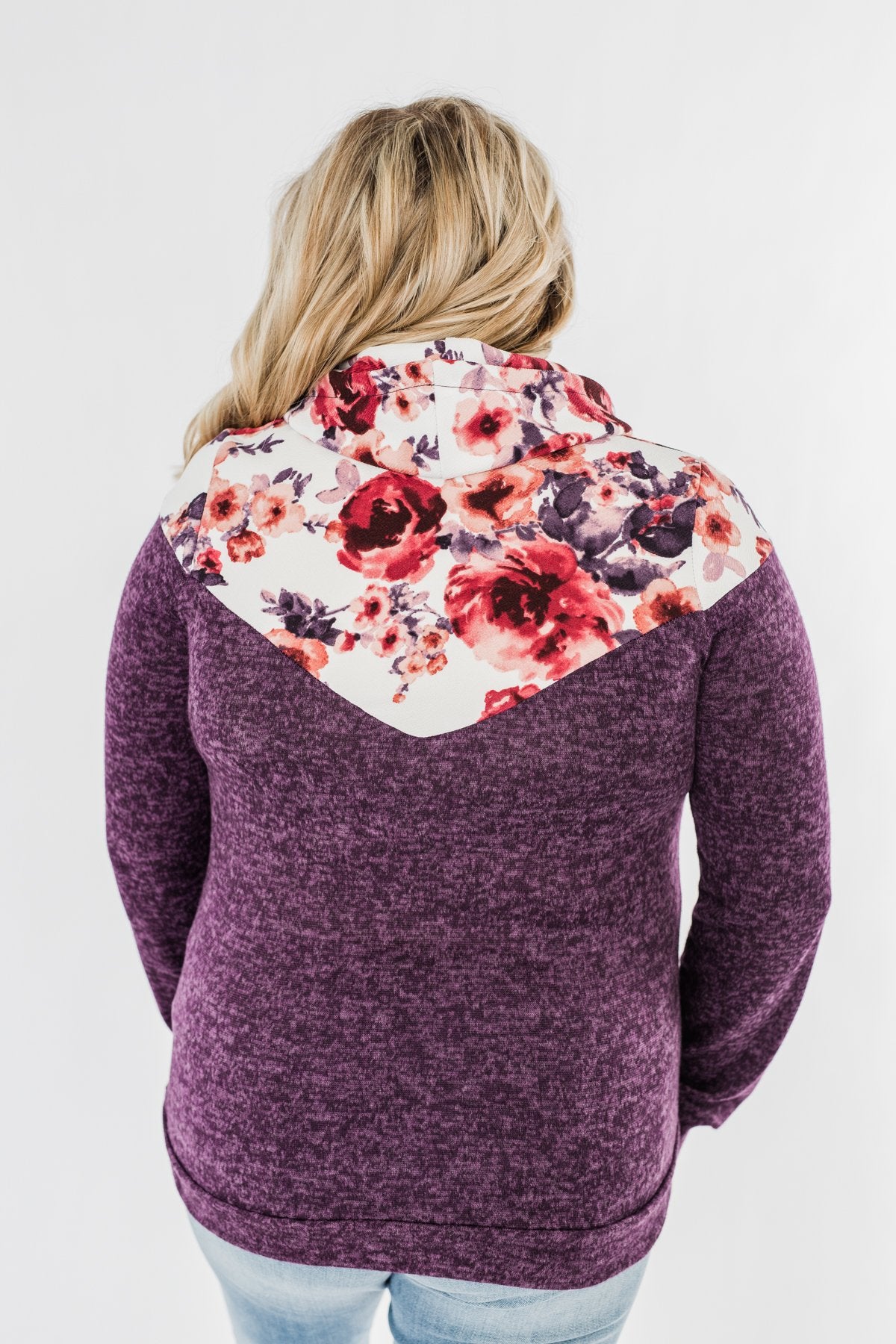 Floral Dreams Cowl Neck Hoodie- Eggplant