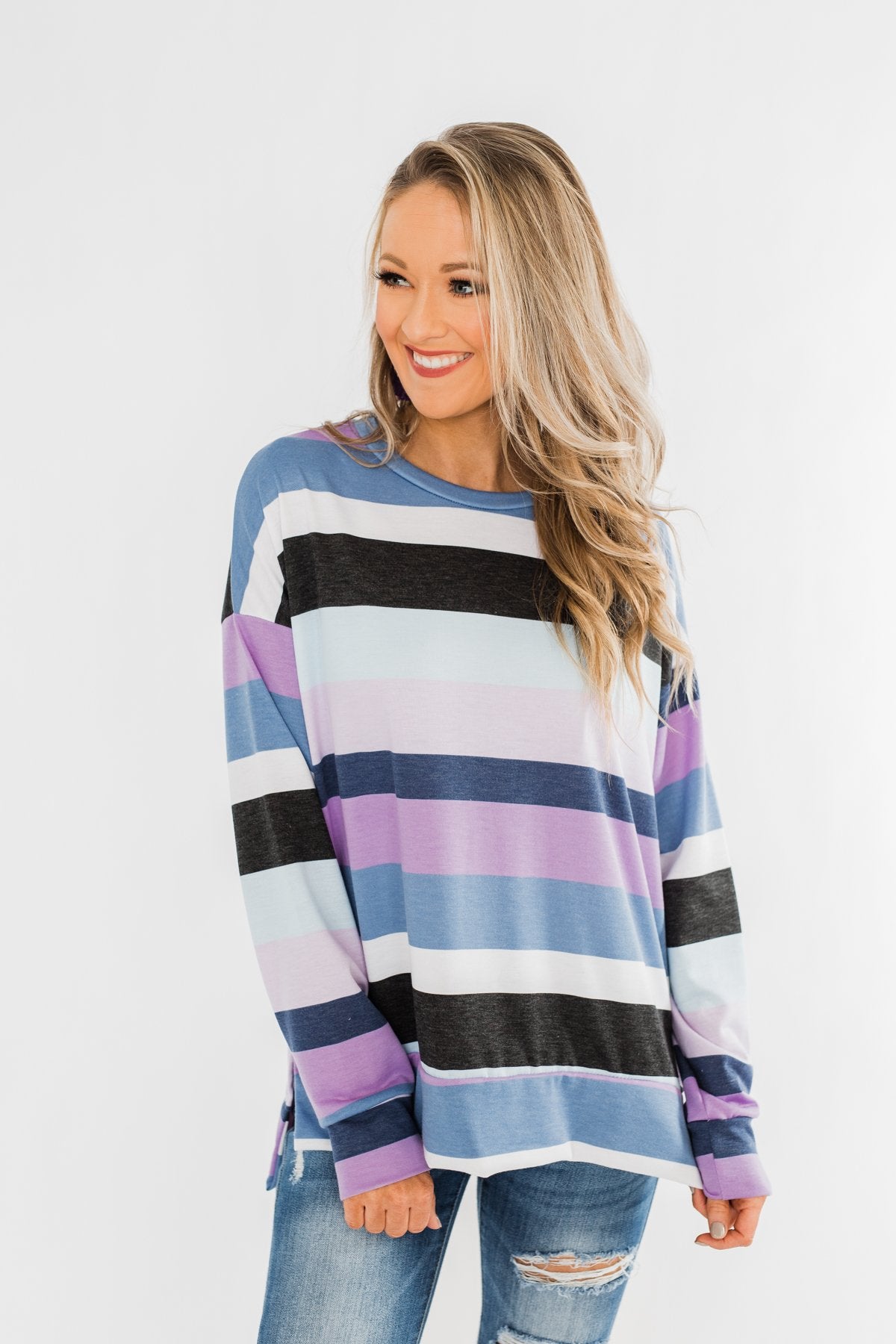 Frosted Mornings Striped Pullover Top- Blue & Purple