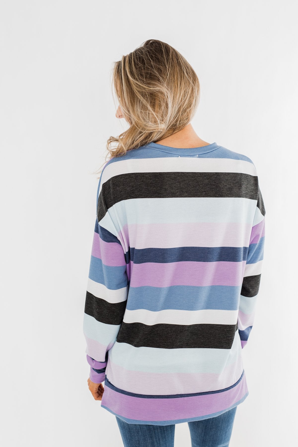 Frosted Mornings Striped Pullover Top- Blue & Purple