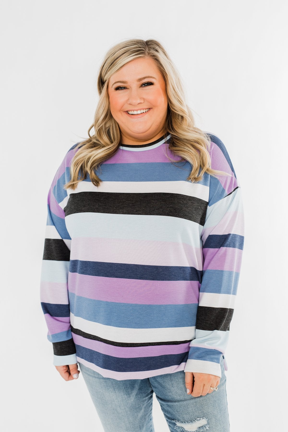 Frosted Mornings Striped Pullover Top- Blue & Purple