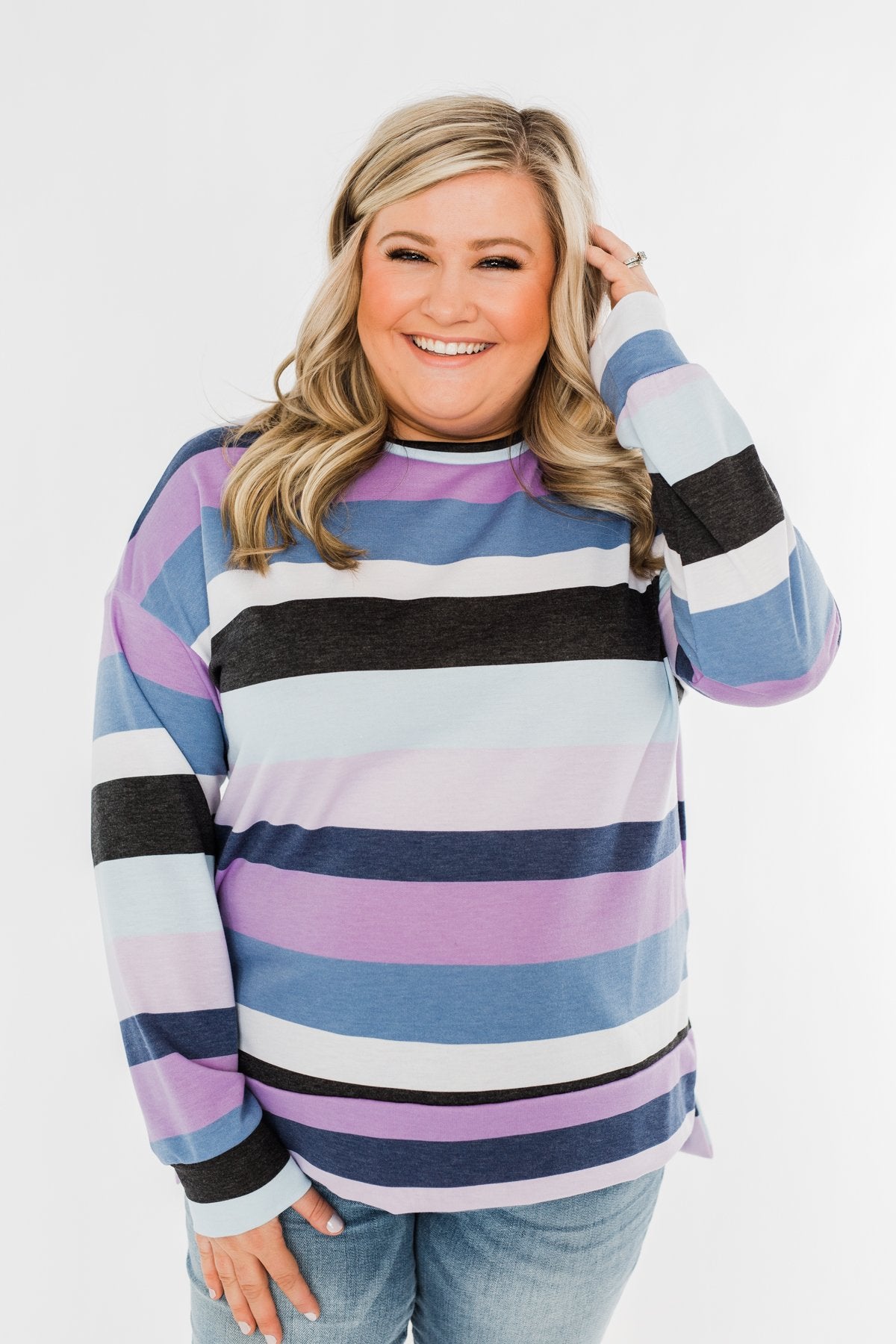 Frosted Mornings Striped Pullover Top- Blue & Purple