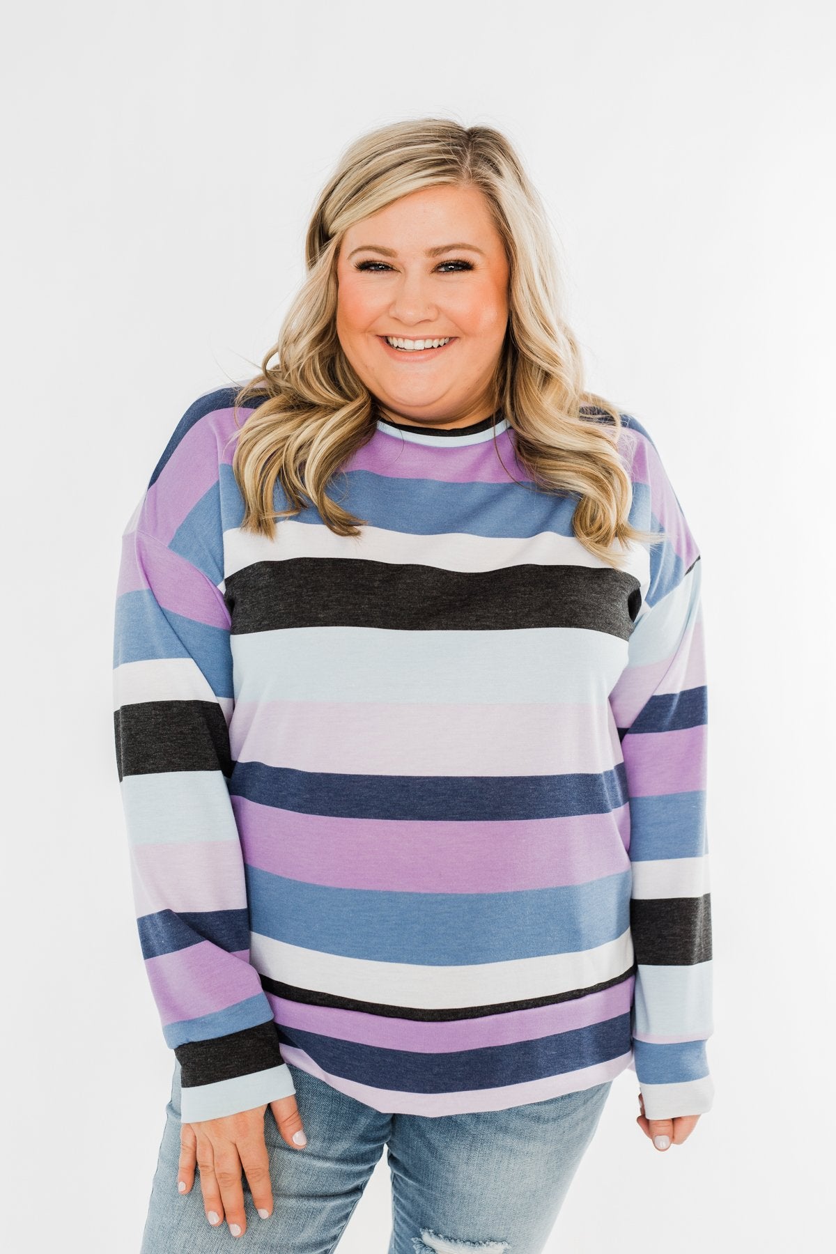 Frosted Mornings Striped Pullover Top- Blue & Purple