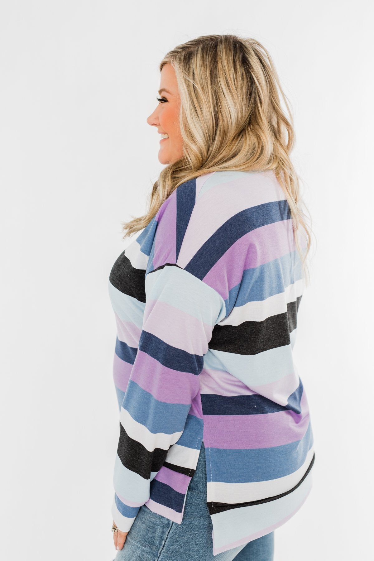 Frosted Mornings Striped Pullover Top- Blue & Purple