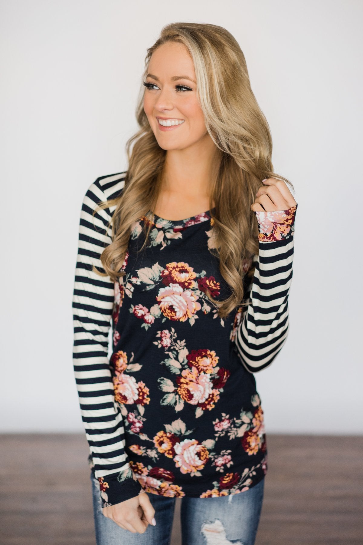 Long Sleeve Navy Floral & Stripes Top