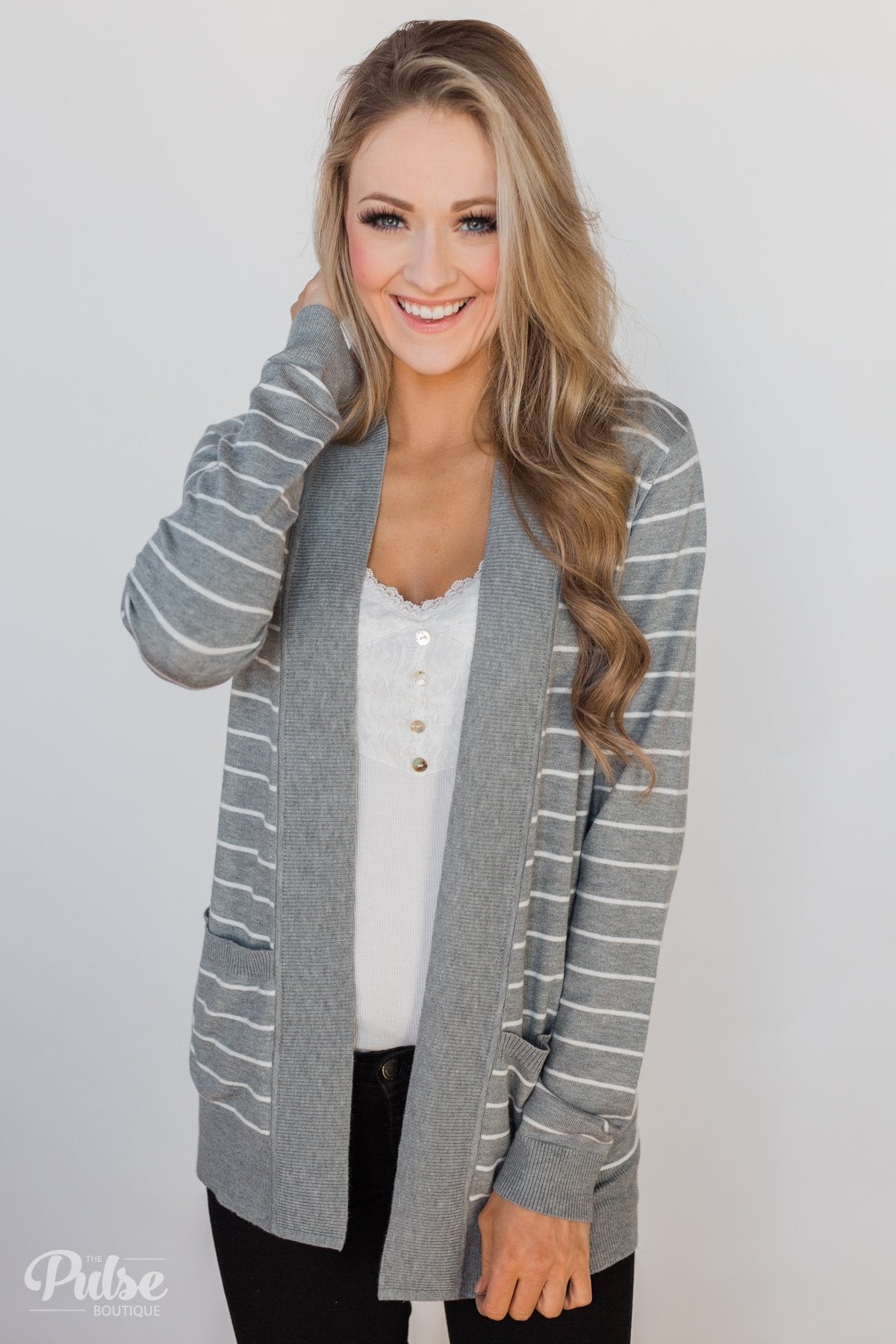 Make A Statement Striped Cardigan- Grey