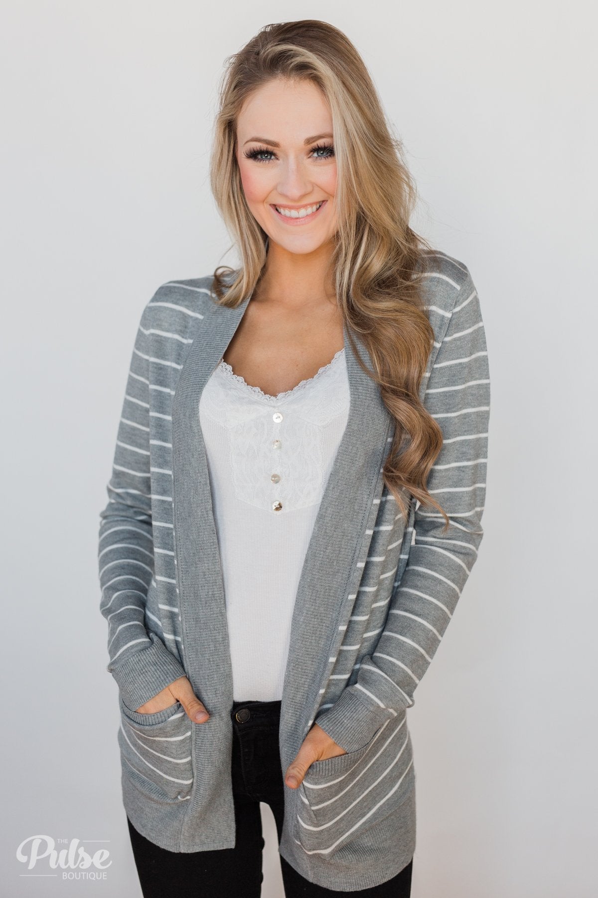 Make A Statement Striped Cardigan- Grey