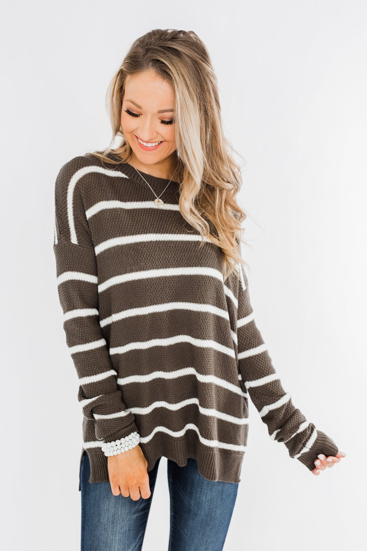 No Such Thing Striped Sweater- Charcoal Green