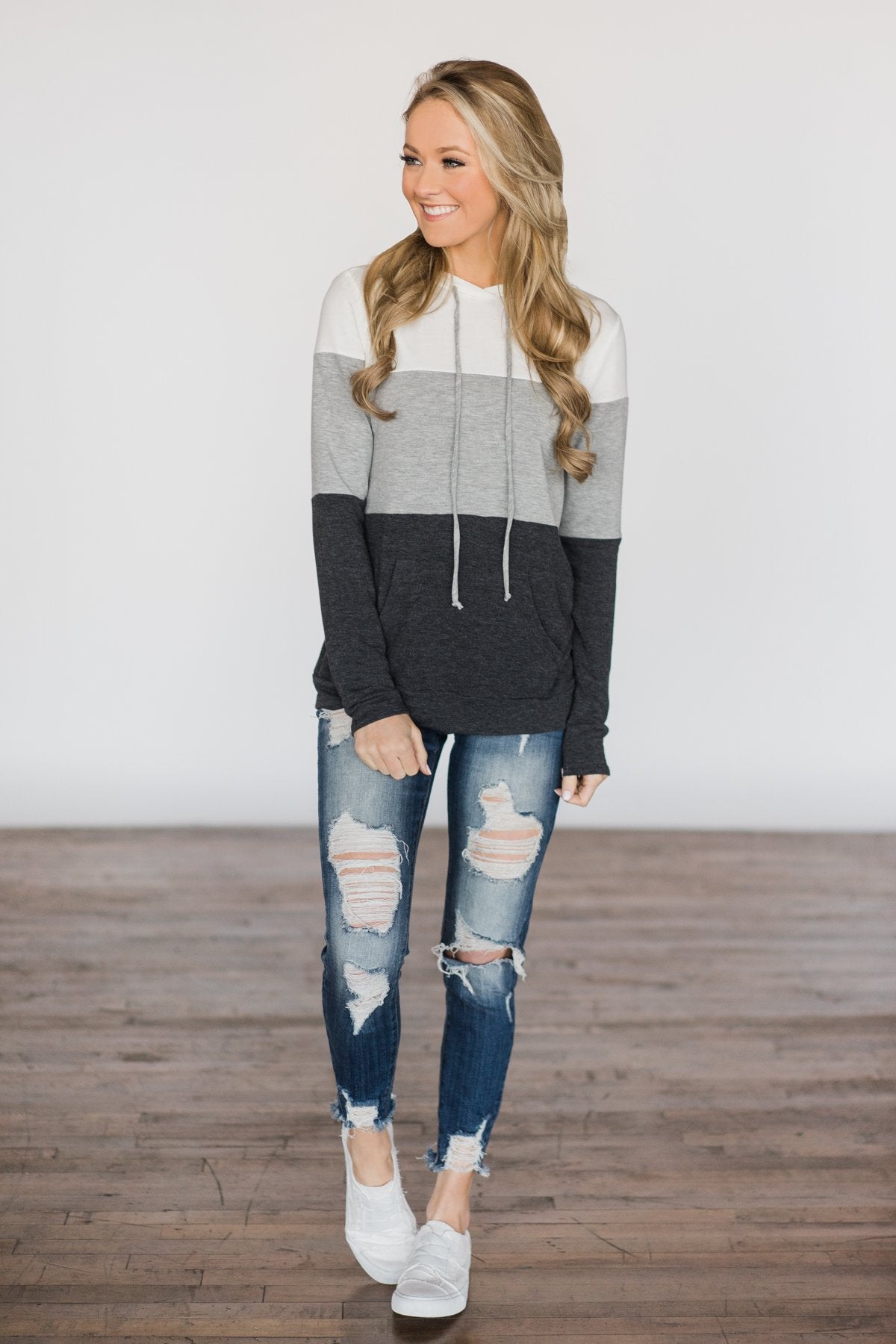 Ivory and Charcoal Colorblock Hoodie
