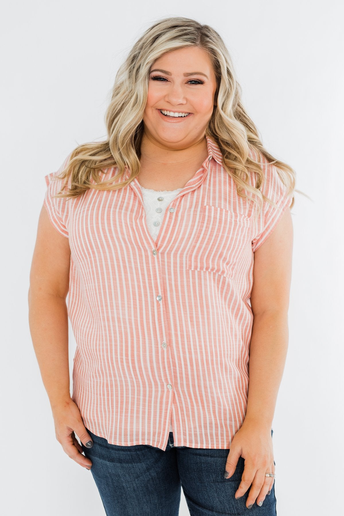 Make Living Fun Striped Button Top- Peach