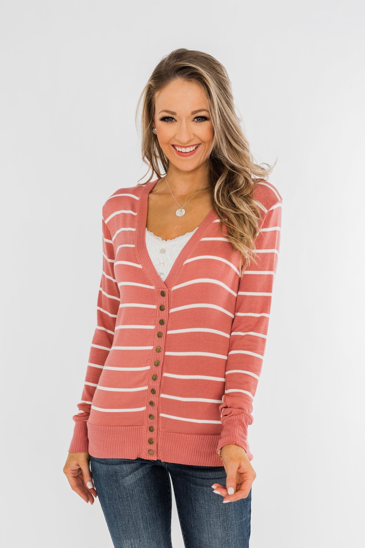 Everyday Striped Button Cardigan- Dusty Rose & Ivory