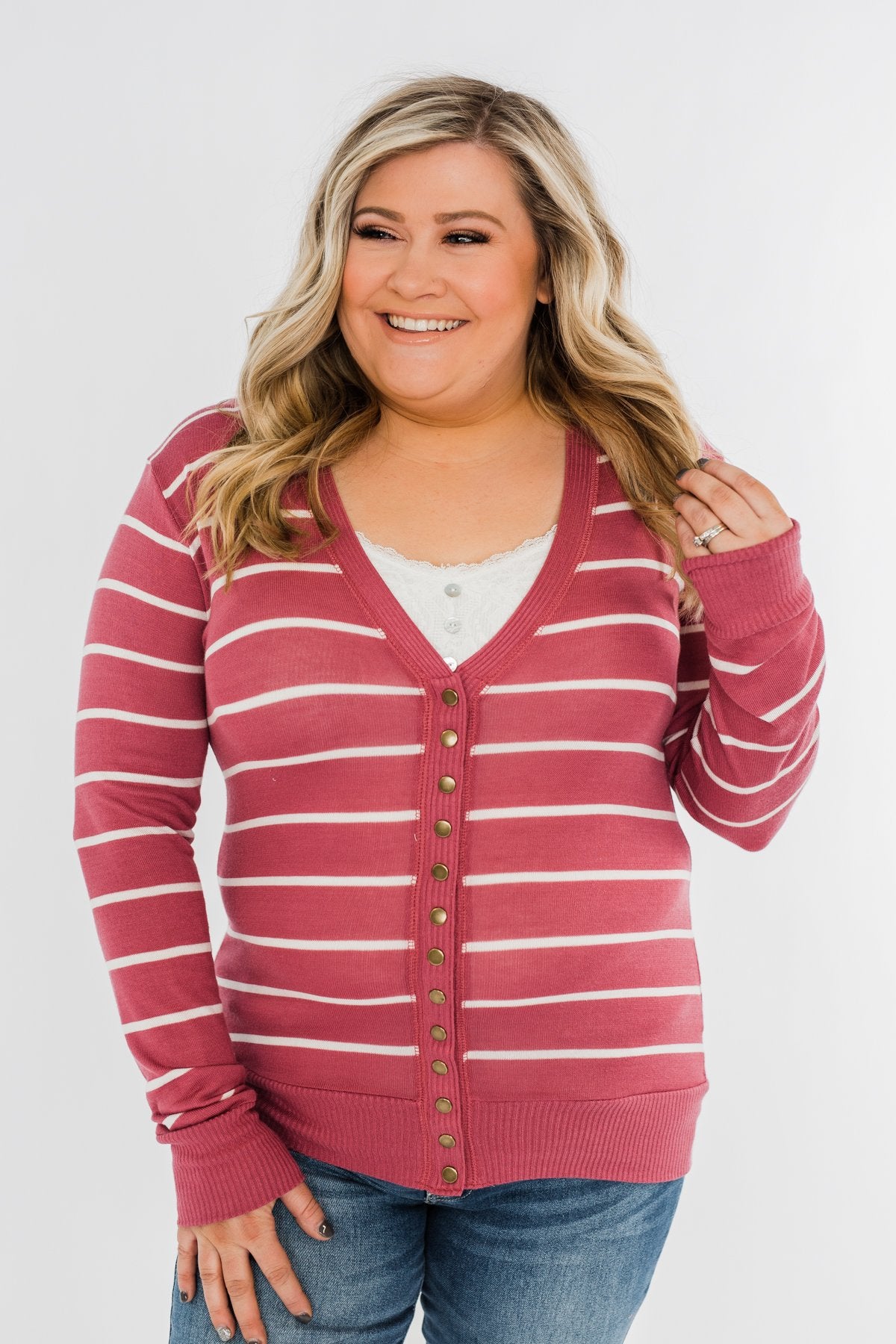 Everyday Striped Button Cardigan- Raspberry Pink