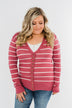 Everyday Striped Button Cardigan- Raspberry Pink