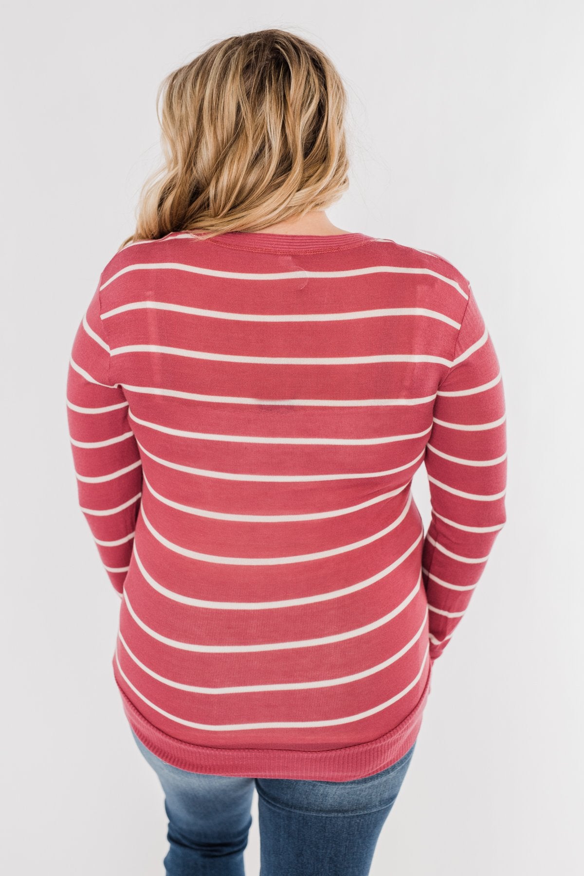Everyday Striped Button Cardigan- Raspberry Pink