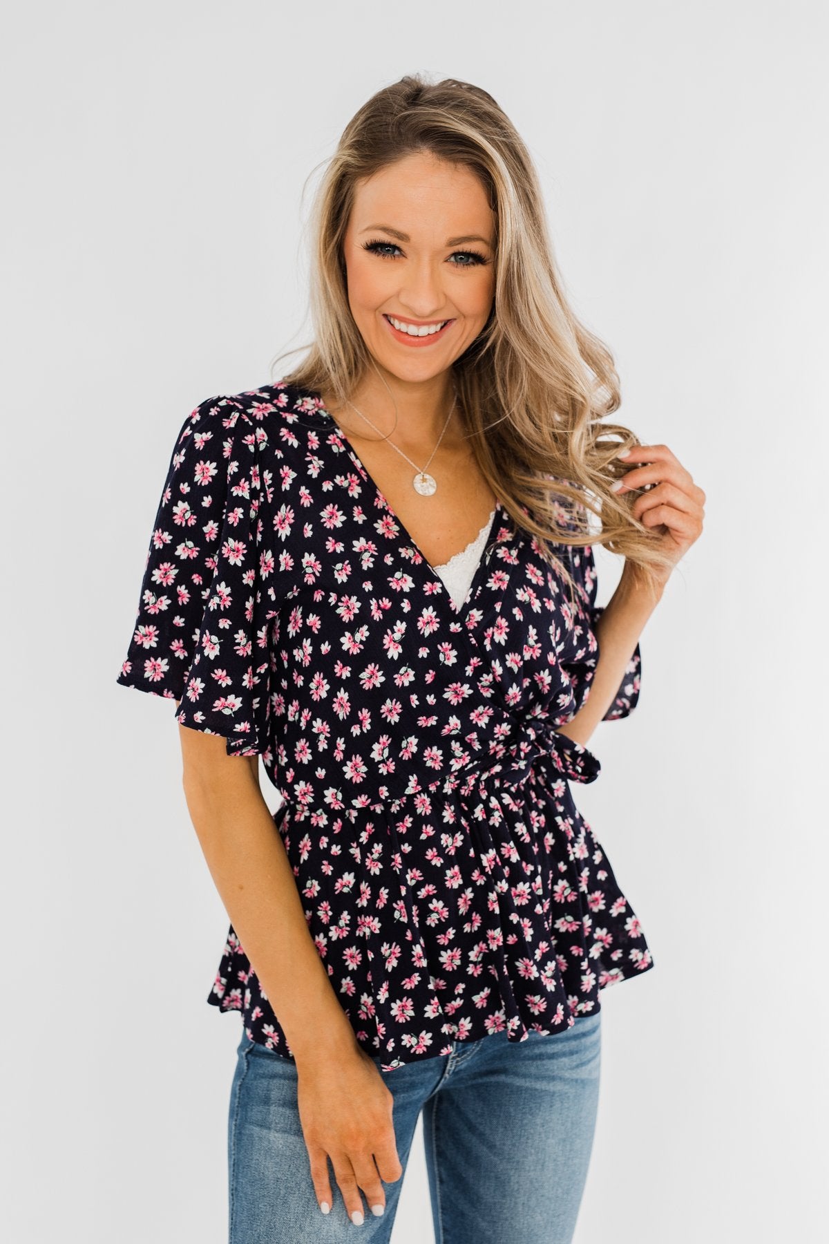Loved You Then Tie Blouse- Navy & Pink