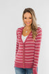 Everyday Striped Button Cardigan- Raspberry Pink