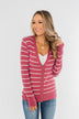 Everyday Striped Button Cardigan- Raspberry Pink