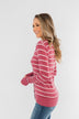 Everyday Striped Button Cardigan- Raspberry Pink