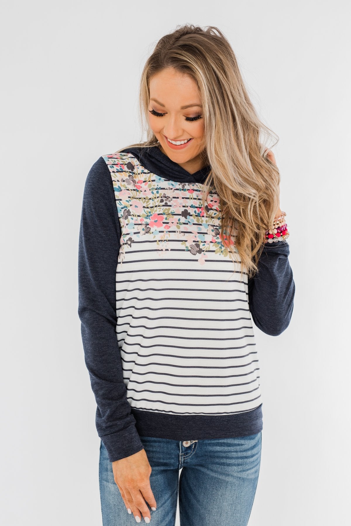 Simple Pleasures Floral & Stripes Hoodie- Navy