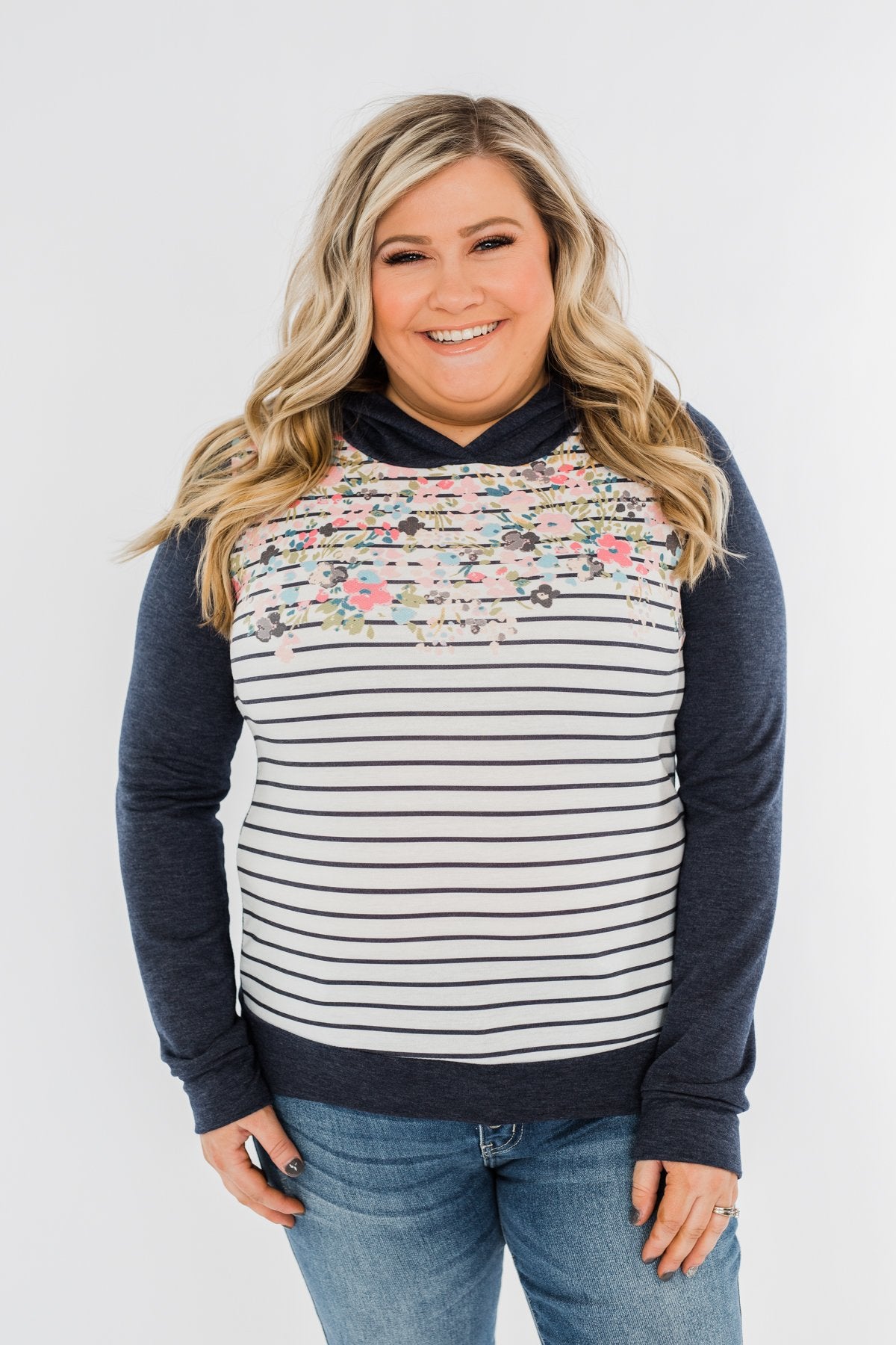 Simple Pleasures Floral & Stripes Hoodie- Navy
