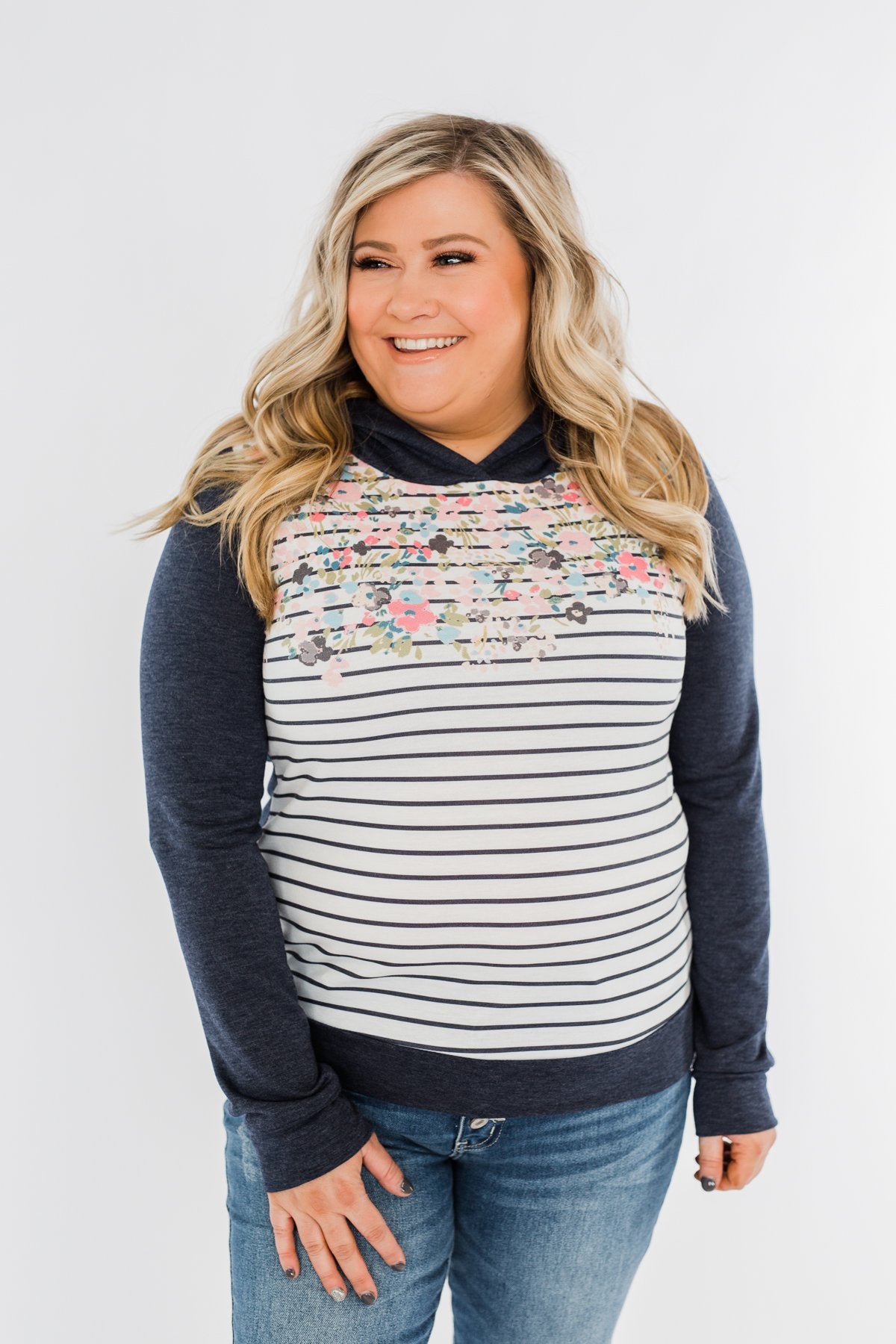 Simple Pleasures Floral & Stripes Hoodie- Navy