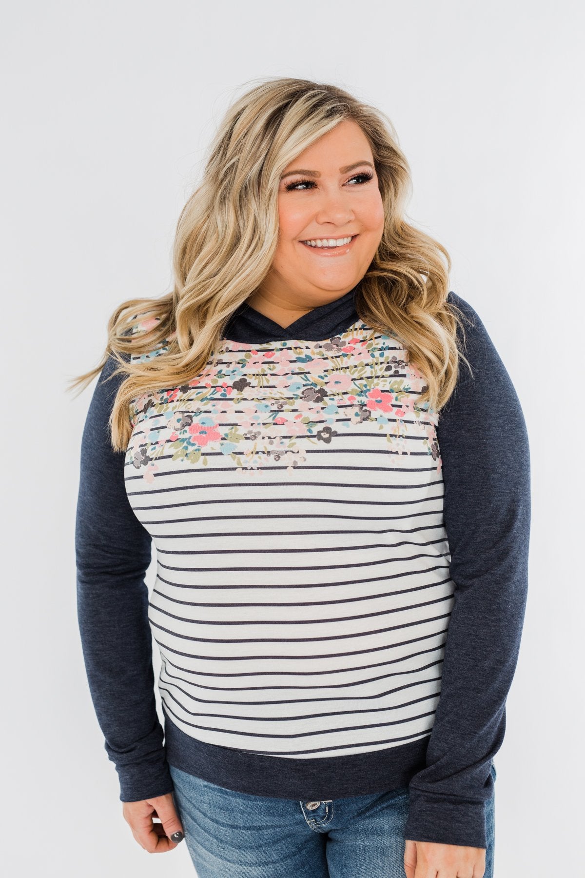 Simple Pleasures Floral & Stripes Hoodie- Navy