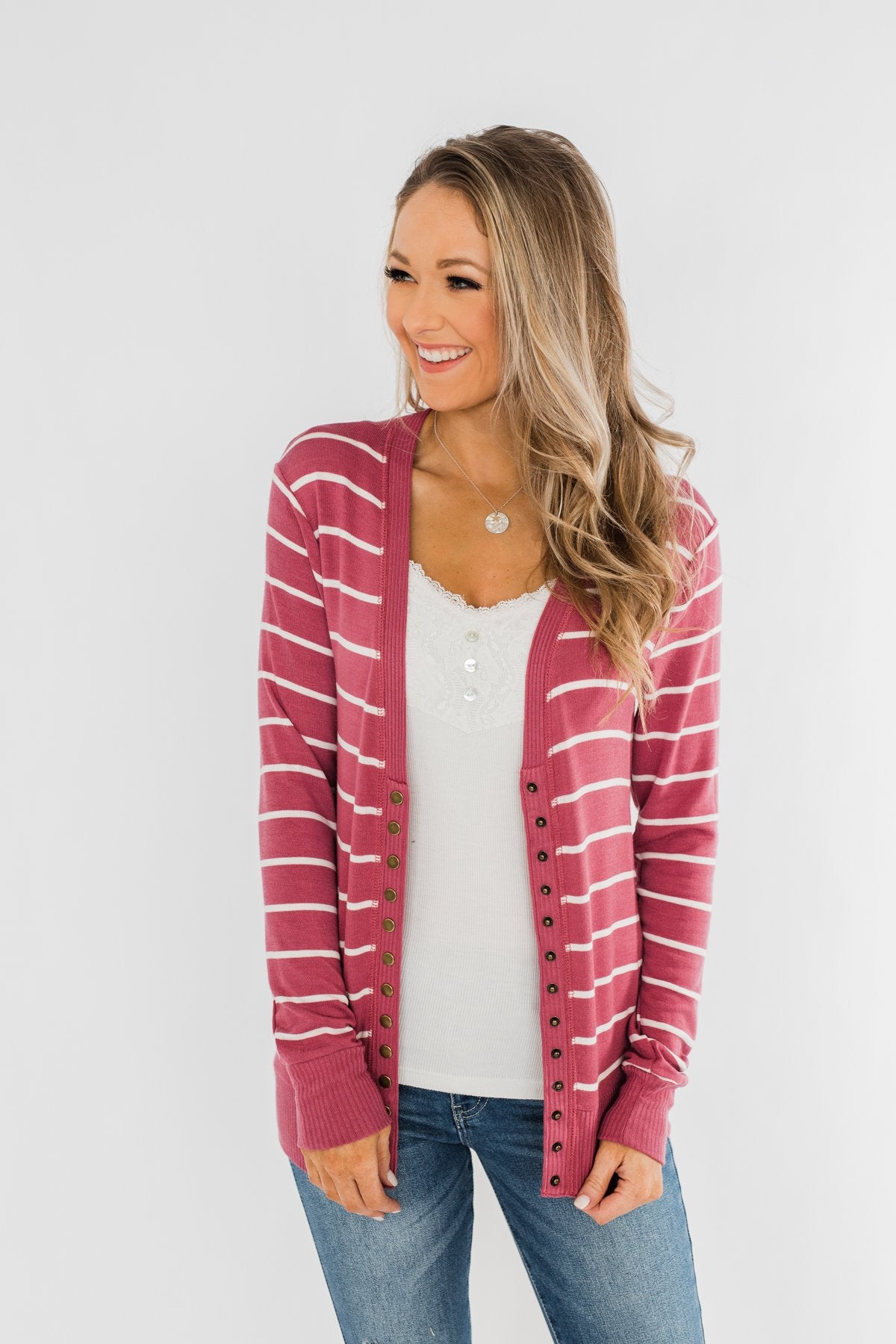 Everyday Striped Button Cardigan- Raspberry Pink