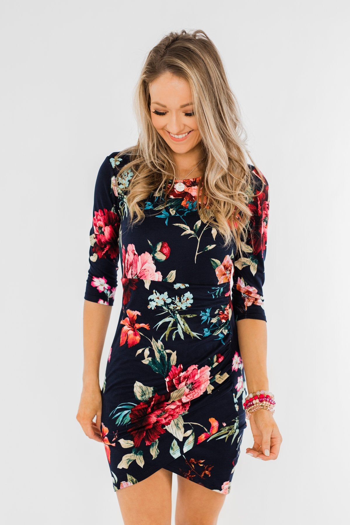 Captivating In Floral Dress- Navy