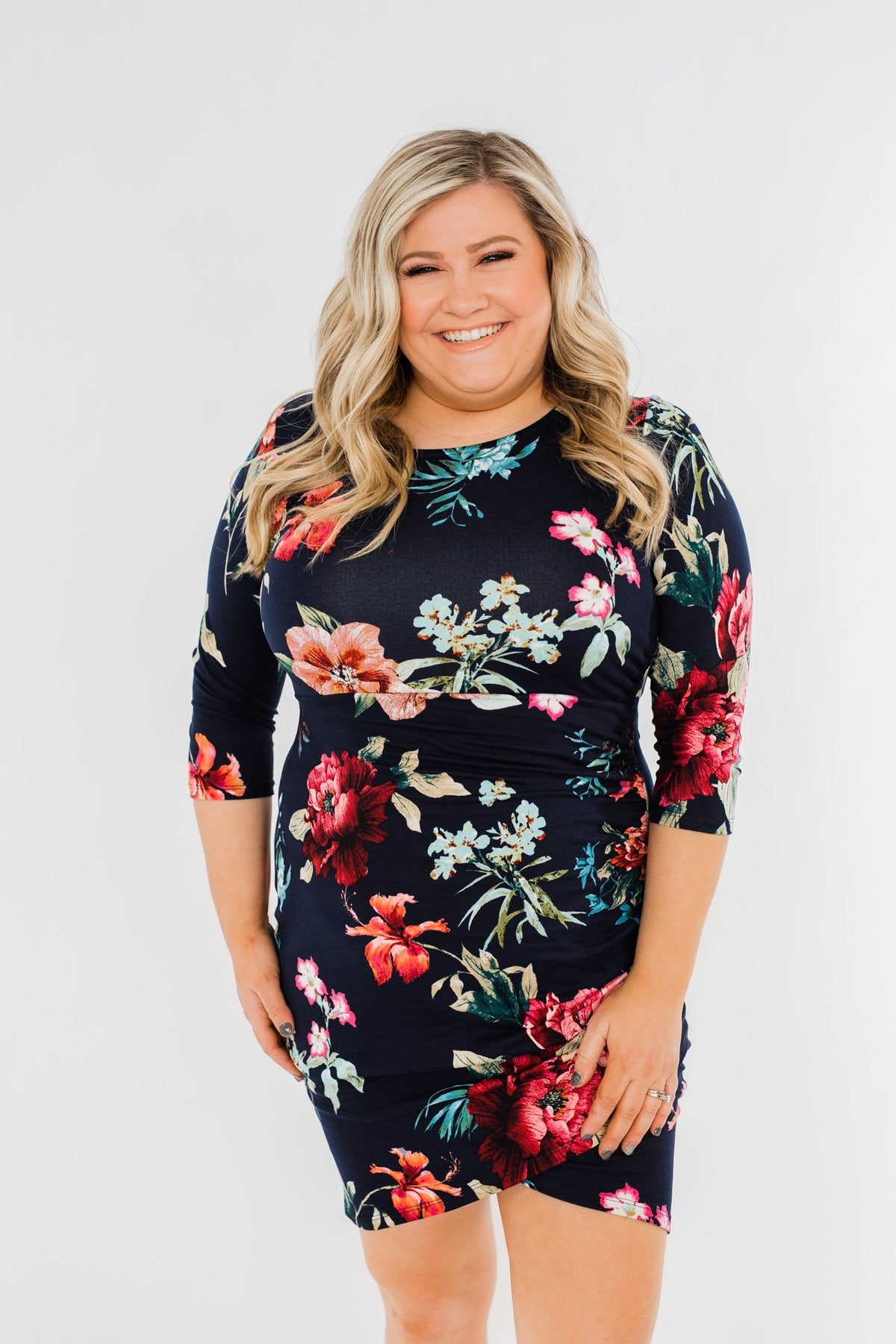 Captivating In Floral Dress- Navy