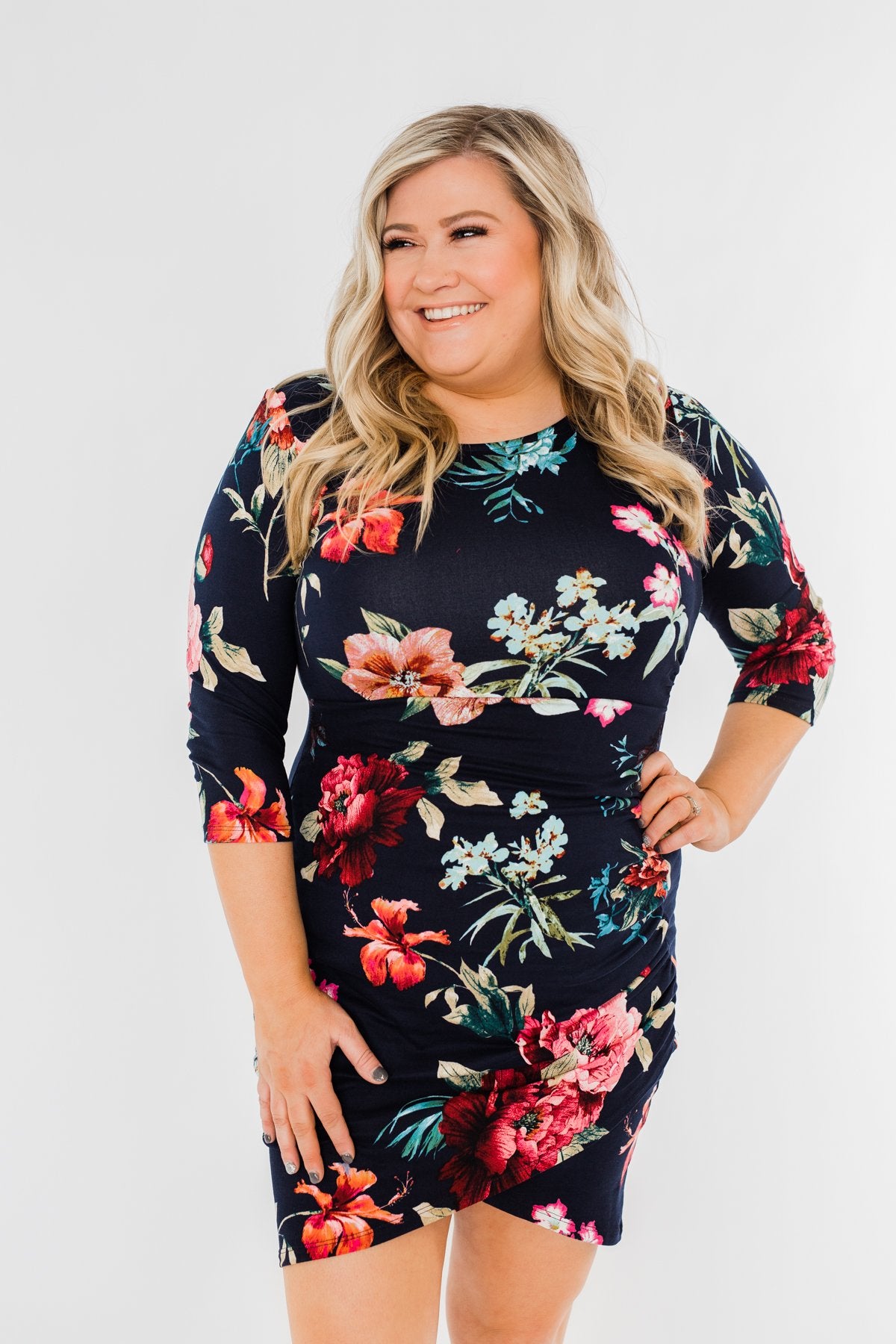 Captivating In Floral Dress- Navy
