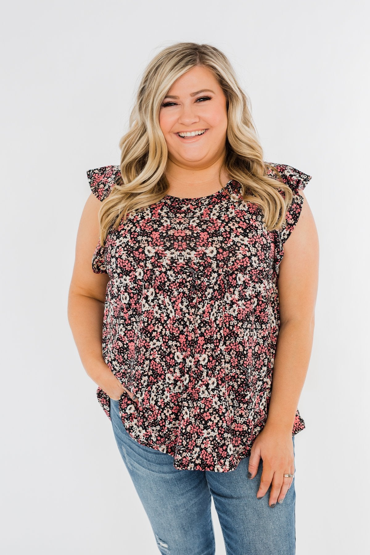 Chase Your Dreams Floral Ruffle Top- Black & Pink