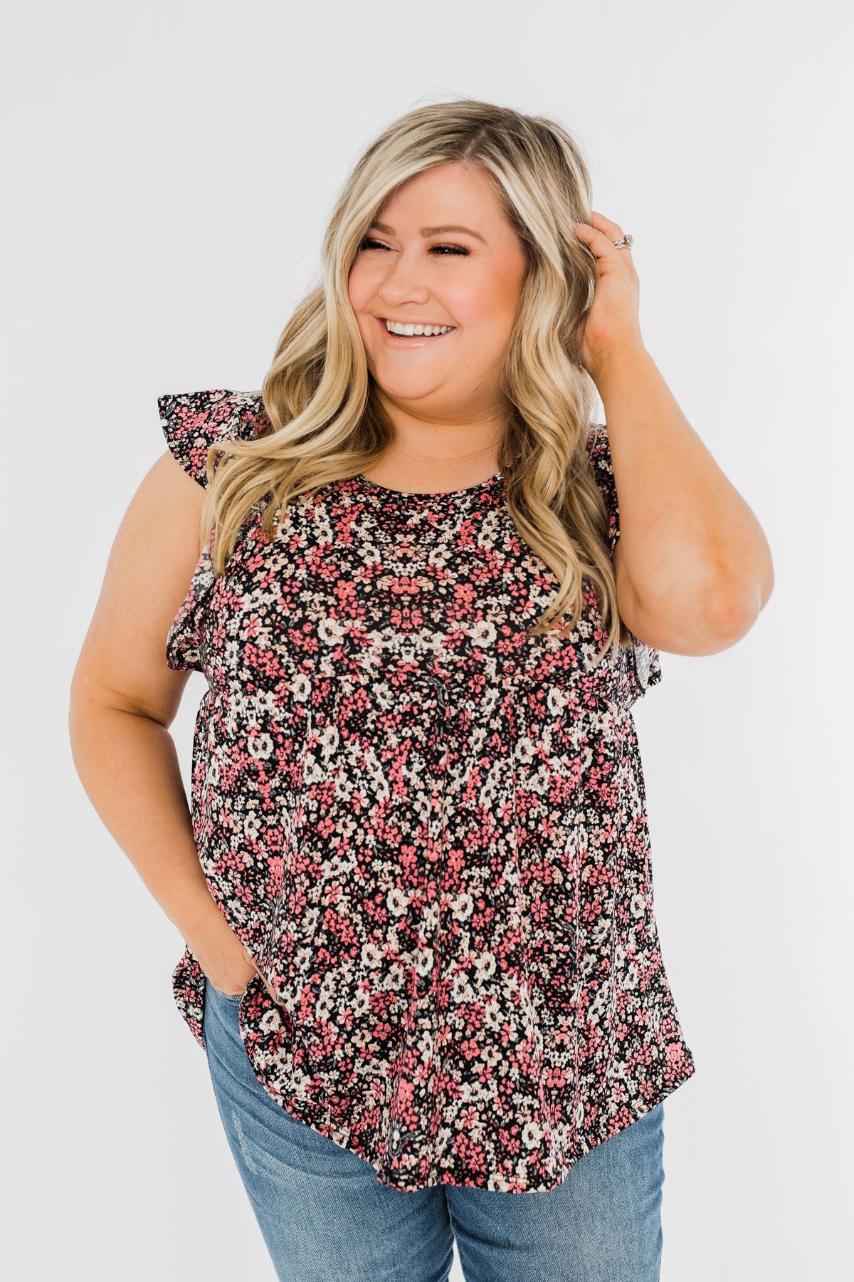 Chase Your Dreams Floral Ruffle Top- Black & Pink